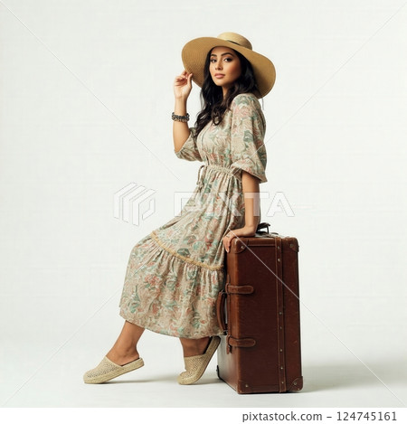 Wanderlust Elegance  Stylish Traveler with Straw Hat and Vintage Luggage Against Minimalist Background 124745161