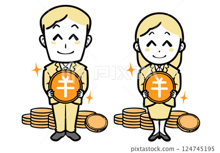 Smiling young man and woman in suits holding Japanese yen coins 124745195