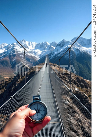 Traveler Navigating the Alpine Crossing A Journey Through Mountain Wilderness seaside and more with a compas in hand  124745214