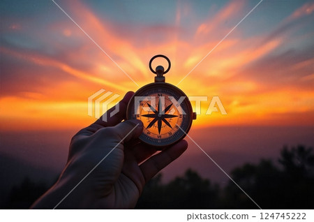 Traveler Navigating the Alpine Crossing A Journey Through Mountain Wilderness seaside and more with a compas in hand  124745222