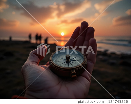 Traveler Navigating the Alpine Crossing A Journey Through Mountain Wilderness seaside and more with a compas in hand  124745226