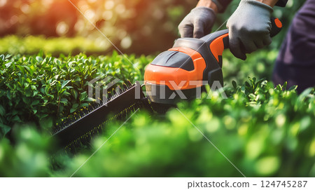 Man using a hedge trimmer to prune a green bush in a garden. 124745287