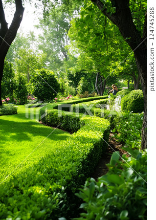 A beautiful and vibrant garden with lush greenery and winding hedges. 124745288