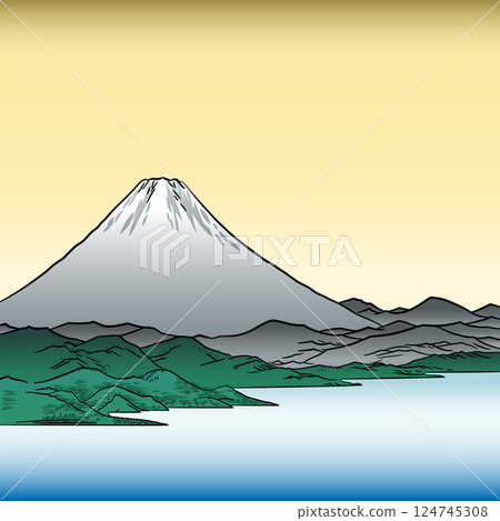 View of Mount Fuji and Suruga Bay, in the style of Japanese woodblock print. Pine groves in front of holy Fujisan, highest mountain of Japan, who rises majestically, capped with a covering from snow. 124745308