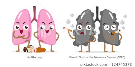 Healthy lung and COPD lung and cigarette . Funny medical cartoon characters . Isolated white background . Vector . 124745378