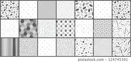 Collection of vector seamless grey patterns - mosaic textures. Trendy delicate textile design. Simple monochrome unusual prints Collection of vector seamless grey patterns - mosaic textures. Trendy delicate textile design. Simple monochrome unusual prints 124745391
