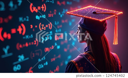 This image depicts a graduate student wearing a glowing mortarboard cap, facing a wall of complex mathematical equations. The scene is bathed in a futuristic blue and red glow. 124745402
