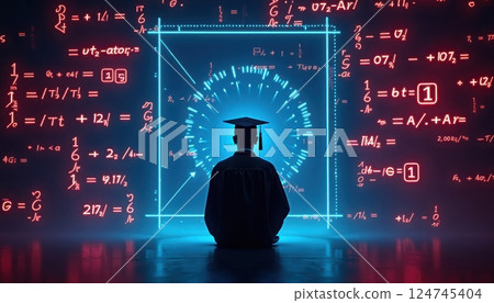 This image depicts a silhouette of a graduate wearing a cap and gown, sitting in front of a futuristic display of mathematical equations and symbols. This image depicts a silhouette of a graduate wearing a cap and gown, sitting in front of a futuristic display of mathematical equations and symbols. 124745404