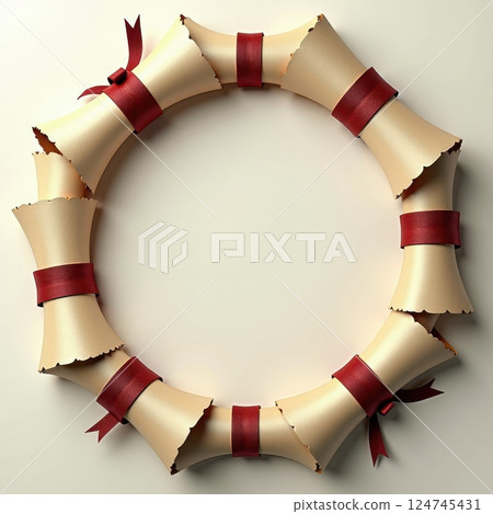 This image features a circular frame composed of rolled parchment-like scrolls tied with red ribbons. The scrolls are arranged in a wreath-like formation, creating a hollow center.  124745431