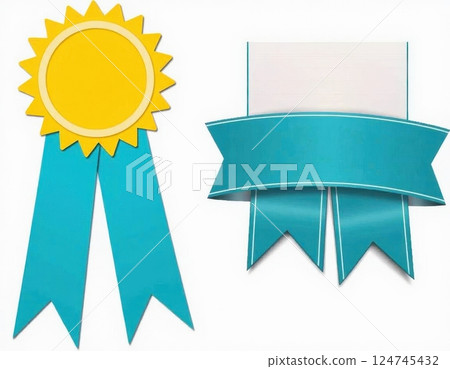 This image features two award ribbon designs. On the left is a bright yellow rosette with a sun-like appearance, featuring a circular center surrounded by pointed rays.  124745432