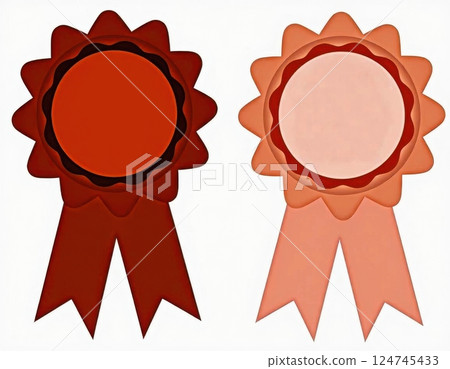 This image features two award ribbons in different shades of red. Each ribbon has a circular center surrounded by a sun-like pattern of pointed edges, reminiscent of a rosette.  124745433