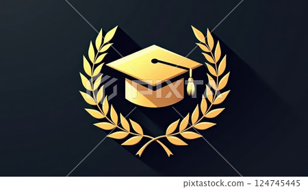 This image showcases a golden graduation cap (mortarboard) centered within a laurel wreath, set against a dark background. The design uses a flat, modern style with long shadows for depth. 124745445