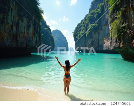 Embracing Paradise A Moment of Blissful Freedom in tropical Pristine Island Sanctuary Embracing Paradise A Moment of Blissful Freedom in tropical Pristine Island Sanctuary 124745601