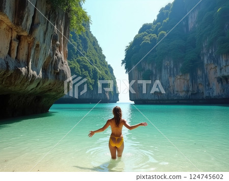 Embracing Paradise A Moment of Blissful Freedom in tropical Pristine Island Sanctuary Embracing Paradise A Moment of Blissful Freedom in tropical Pristine Island Sanctuary 124745602