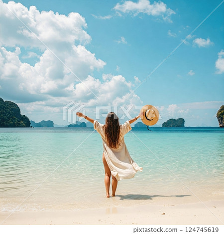 Embracing Paradise A Moment of Blissful Freedom in tropical Pristine Island Sanctuary Embracing Paradise A Moment of Blissful Freedom in tropical Pristine Island Sanctuary 124745619