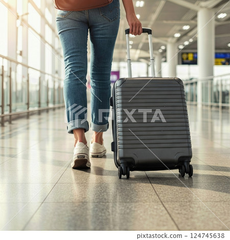 Traveler Walking with Rolling Suitcase in Motion Through Busy Corridor 124745638
