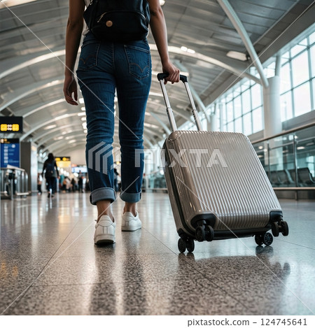 Traveler Walking with Rolling Suitcase in Motion Through Busy Corridor 124745641