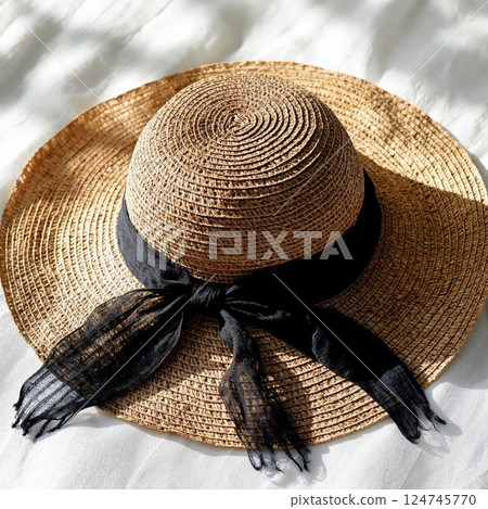 Elegant summer straw hat with black ribbon on sunlit white surface for vacation fashion inspiration 124745770
