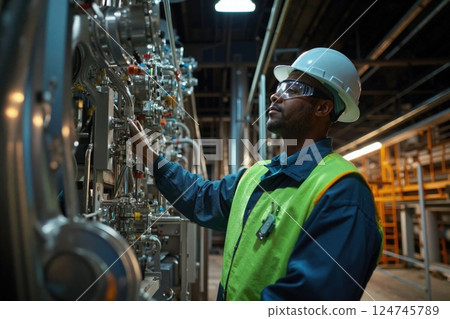 Industrial engineering innovation: worker in safety gear operating machinery in modern factory setting 124745789