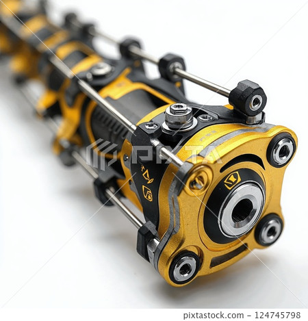 Industrial precision tool with gold and black mechanical details for engineering and machinery design concepts Industrial precision tool with gold and black mechanical details for engineering and machinery design concepts 124745798