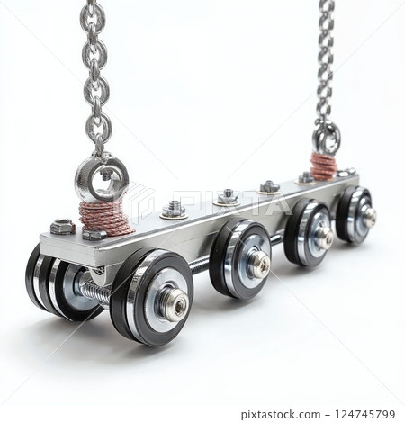 Industrial pulley chain system design with metal wheels and bolts for heavy lifting applications in professional engineering projects 124745799