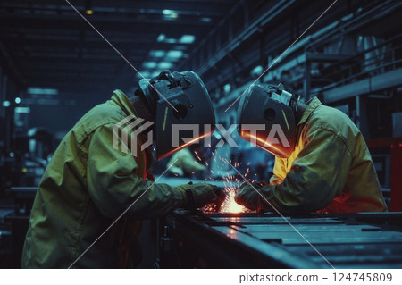 Industrial welding workshop scene: spark-filled collaboration in metalwork 124745809