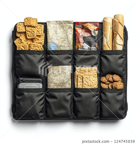 Innovative travel organizer with snacks maps and smartphone for adventurous journey planning Innovative travel organizer with snacks maps and smartphone for adventurous journey planning 124745839