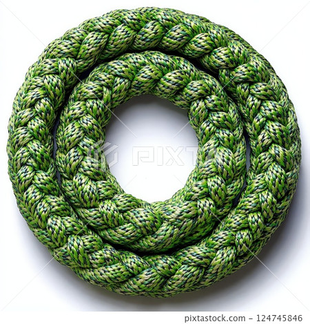 Intricately braided green rope spiral on white background for nautical design 124745846