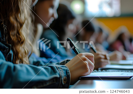 Close up, concept of students studying in a classroom lecture 124746043