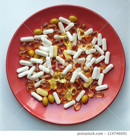 Medical pills and herb capsules on red plate 124746091