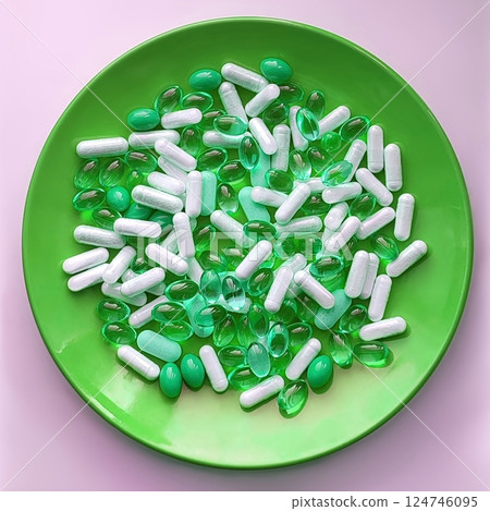 Medical pills and herb capsules on green plate Medical pills and herb capsules on green plate 124746095
