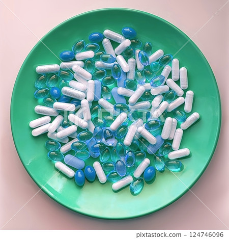 Medical pills and herb capsules on green plate 124746096