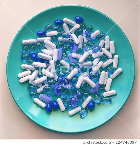 Blue medical pills and herb capsules on a green plate Blue medical pills and herb capsules on a green plate 124746097