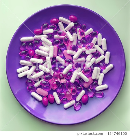 Pink medical pills and herb capsules on violet plate 124746100