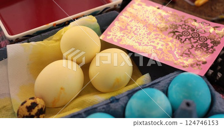 Crafting Ukrainian Easter eggs with yellow blue hues while decorating and colouring eggs for the holiday celebration Crafting Ukrainian Easter eggs with yellow blue hues while decorating and colouring eggs for the holiday celebration 124746153