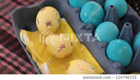 Coloring Easter eggs in yellow blue hues brings a festive spirit to Ukrainian pysanky traditions while decorating eggs with vibrant designs 124746155