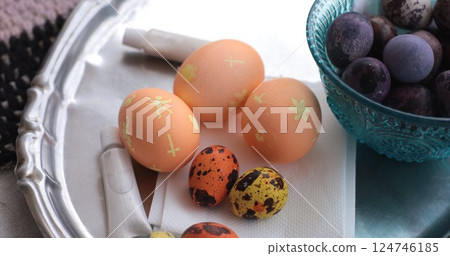 Easter eggs decorating with pearl paint and coloring eggs for a festive celebration during the spring season Easter eggs decorating with pearl paint and coloring eggs for a festive celebration during the spring season 124746185