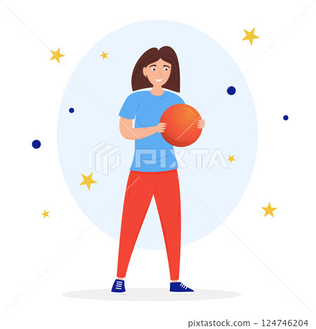 Smiling girl holding a basketball in a playful and colorful environment 124746204
