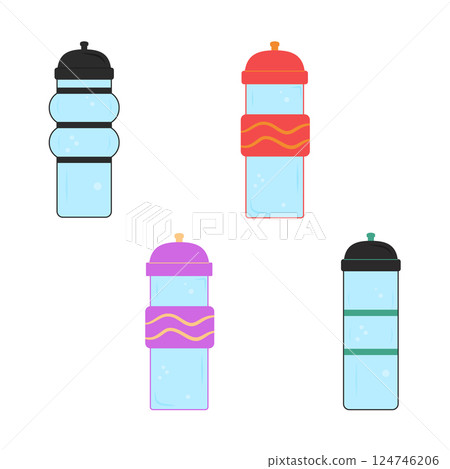 Four colorful water bottles displayed in a minimalistic design Four colorful water bottles displayed in a minimalistic design 124746206