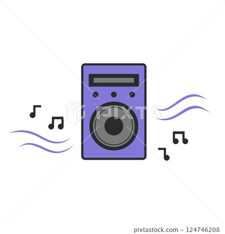 Bright purple speaker playing music with notes around it 124746208