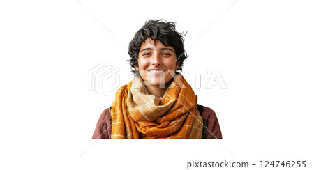 Smiling Woman In Orange Scarf. Warmth And Comfort In Fashion Portrait Isolated On Transparent Background 124746255