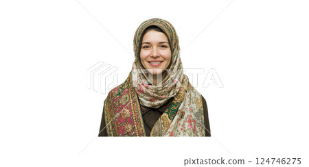 Smiling Woman In Colorful Hijab. Cultural Expression And Fashion Isolated On Transparent Background 124746275