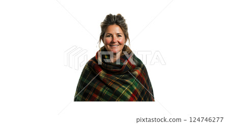 Smiling Woman Wrapped In Tartan Blanket. Warmth And Comfort In Cozy Winter Attire Isolated On Transparent Background 124746277