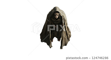 Mysterious Hooded Figure In Tattered Cloak. Enigmatic And Dark Fantasy Character Isolated On Transparent Background Mysterious Hooded Figure In Tattered Cloak. Enigmatic And Dark Fantasy Character Isolated On Transparent Background 124746286