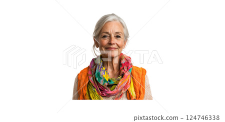 Elderly Woman Smiling In Colorful Scarf. Embracing Aging With Style And Confidence Isolated On Transparent Background 124746338