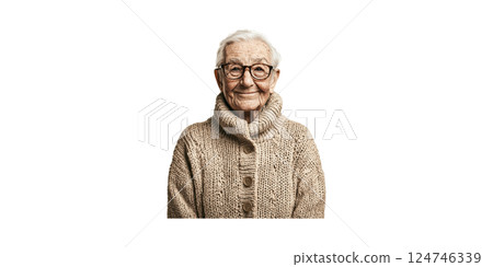 Elderly Woman In Cozy Sweater Smiling. Warmth And Comfort In Senior Lifestyle Portrait Isolated On Transparent Background 124746339