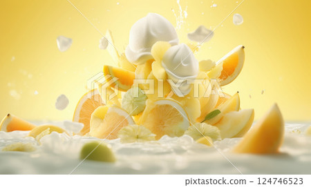 Citrus ice cream with flying fruit slices ingredients, dessert food background 124746523