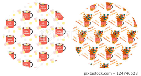 Hello Autumn text Mug Marshmallow cubes and Autumn leaves bouquet Circular Background Texture idea Hello Autumn text Mug Marshmallow cubes and Autumn leaves bouquet Circular Background Texture idea 124746528