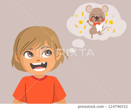 Playful Cartoon Illustration Of Boy With Missing Tooth While Imagine The Arrival Of Ratoncito Perez 124746552