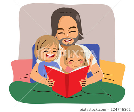 Father Reading Fairytale Book To His Children Vector Illustration 124746561